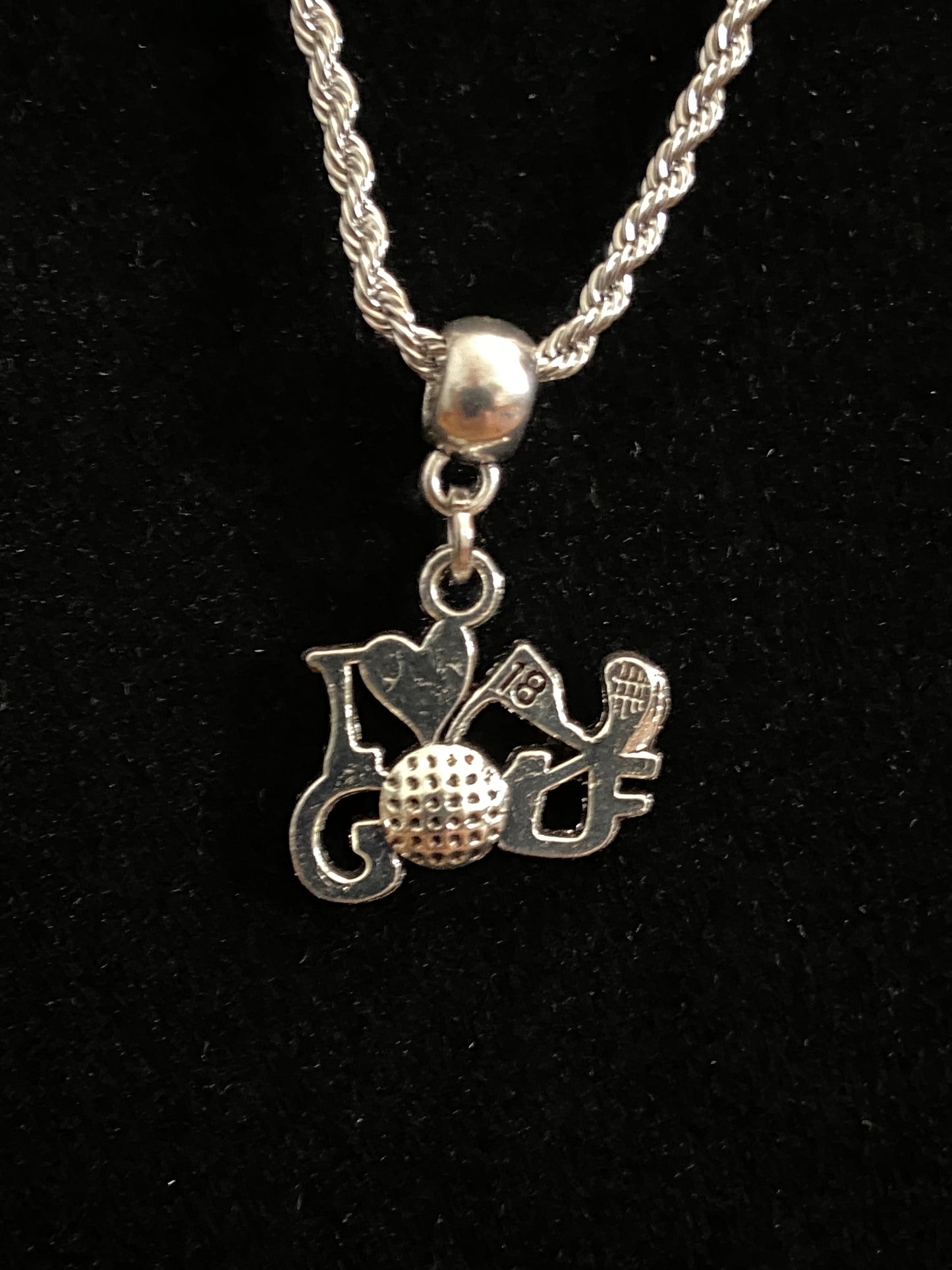 Silver I Love Golf Charm & 18" Inch Chain Necklace