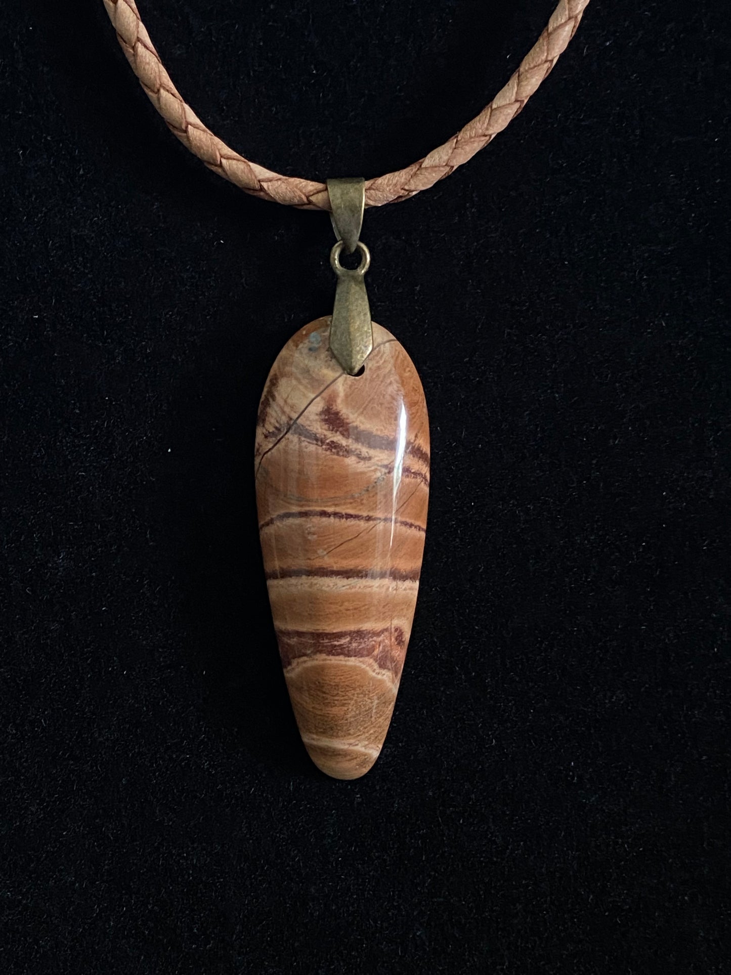 Brown and Tan Jasper Cabochon with Brown Leather Cord Necklace