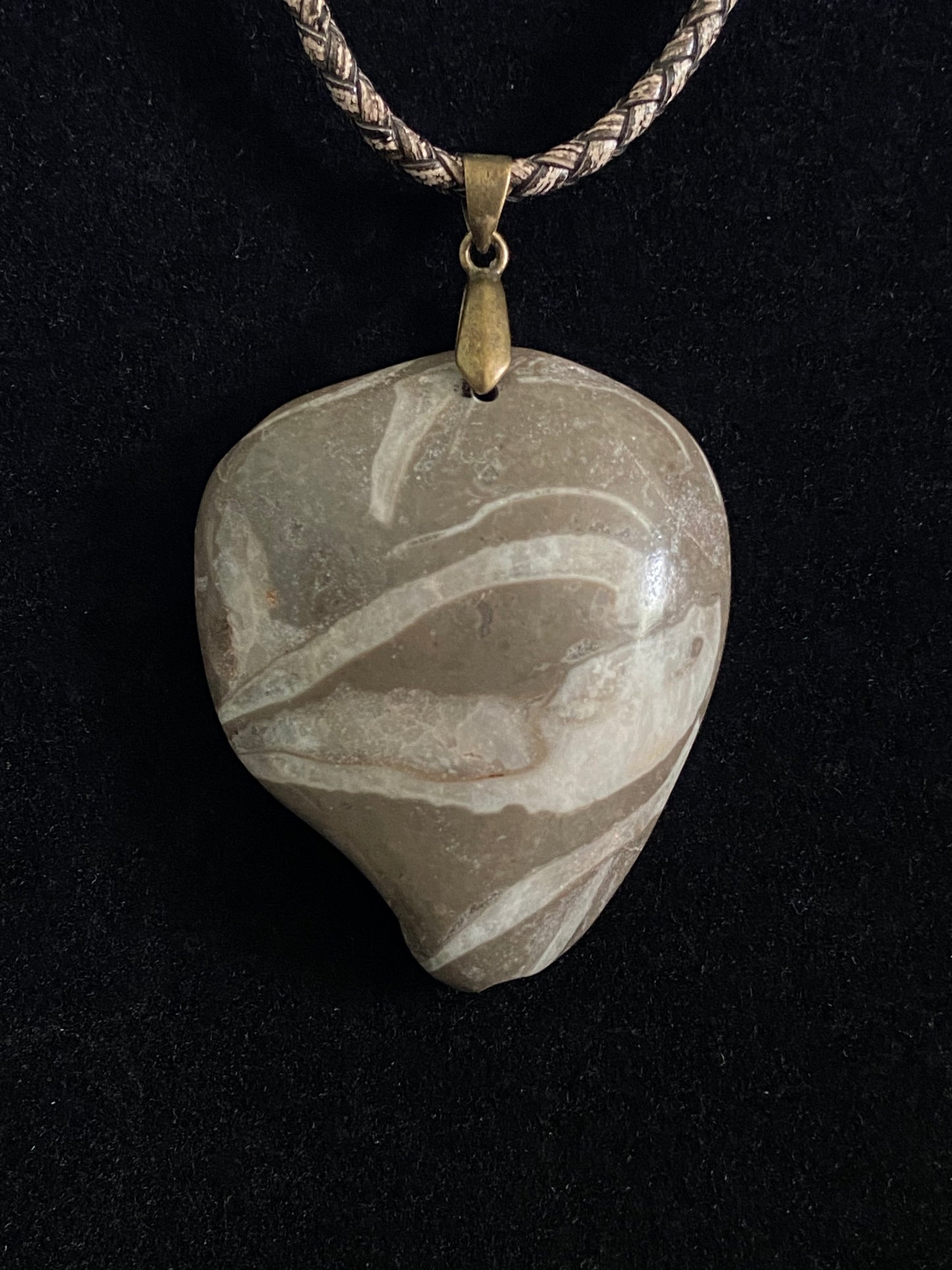Gray Zebra Jasper Cabochon with Brown and Tan Leather Cord Necklace