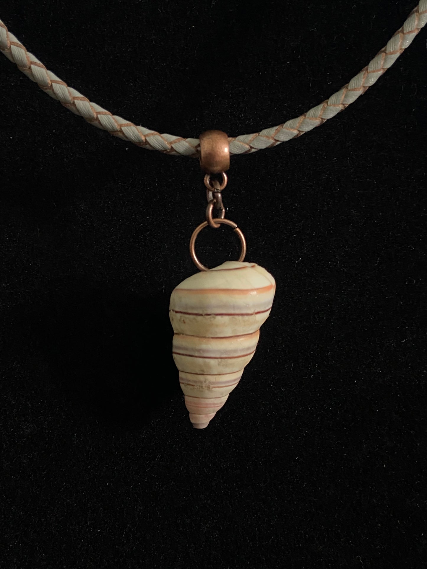White, Gray & Tan Spiral Seashell with Gray Leather Cord Necklace