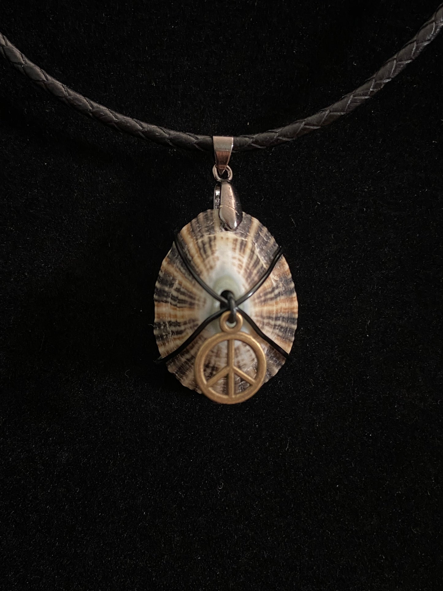 Black, Tan, Brown and White Volcanic Seashell with Black Leather Cord Necklace and Peace Sign Charm