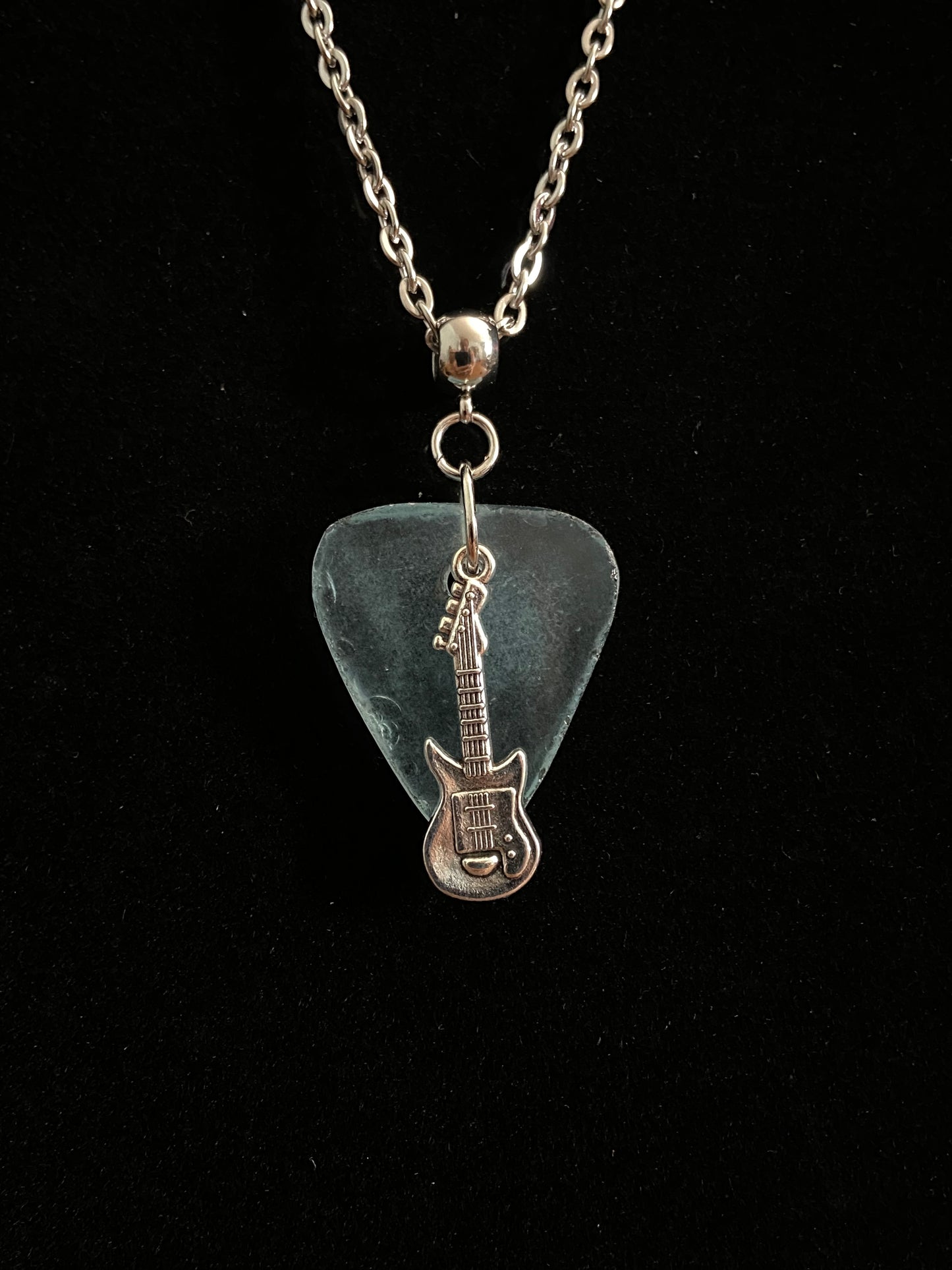 Blue Sea Glass with Peace Sign Charm & Silver Chain Necklace 3