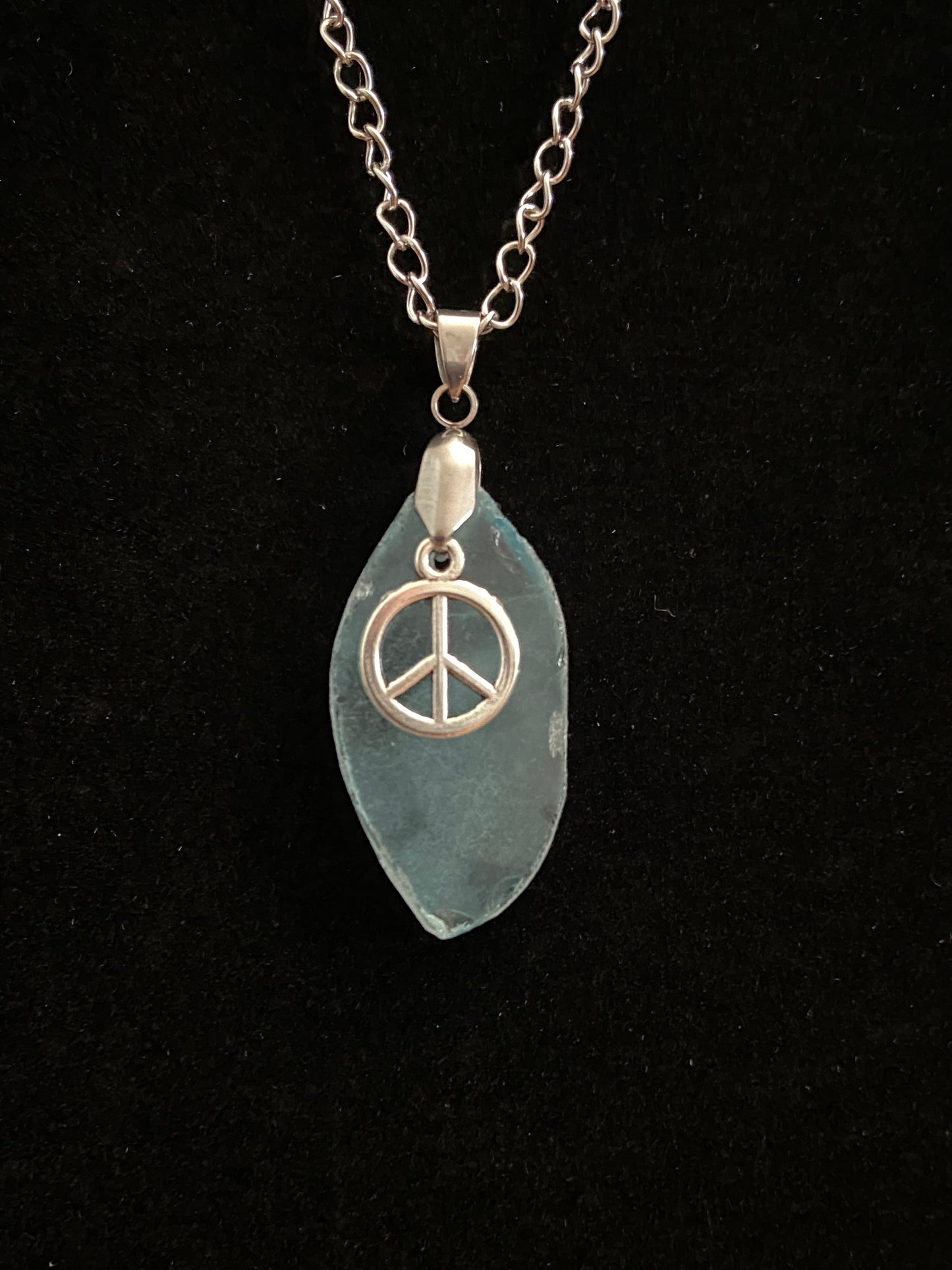 Blue Sea Glass with Peace Sign Charm & Silver Chain Necklace 4