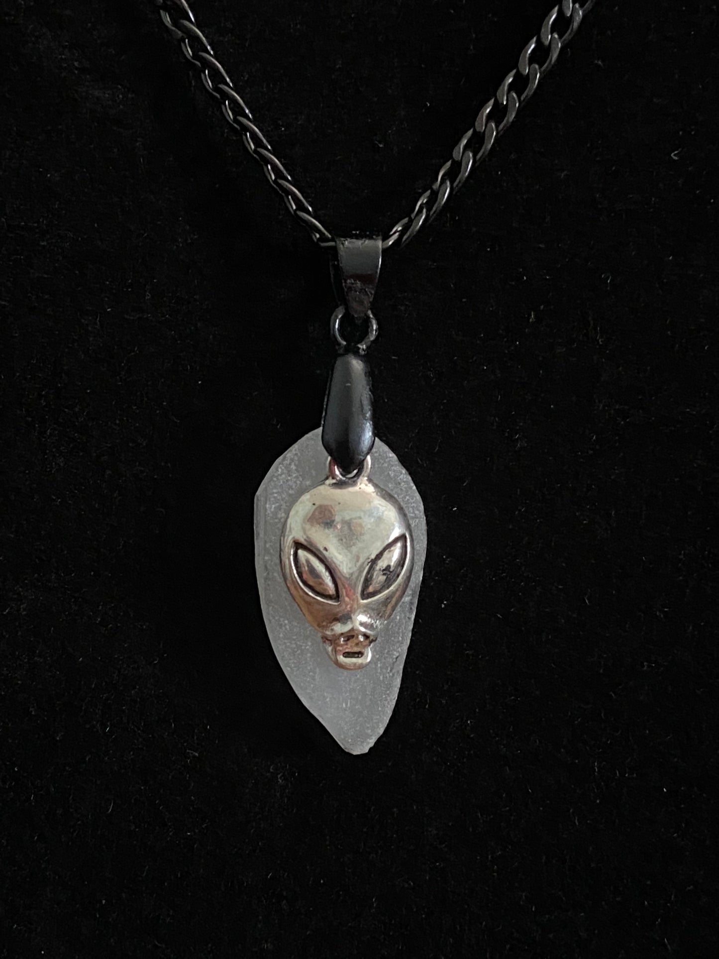 White Sea Glass with Silver Alien Charm & Black Chain Necklace 1