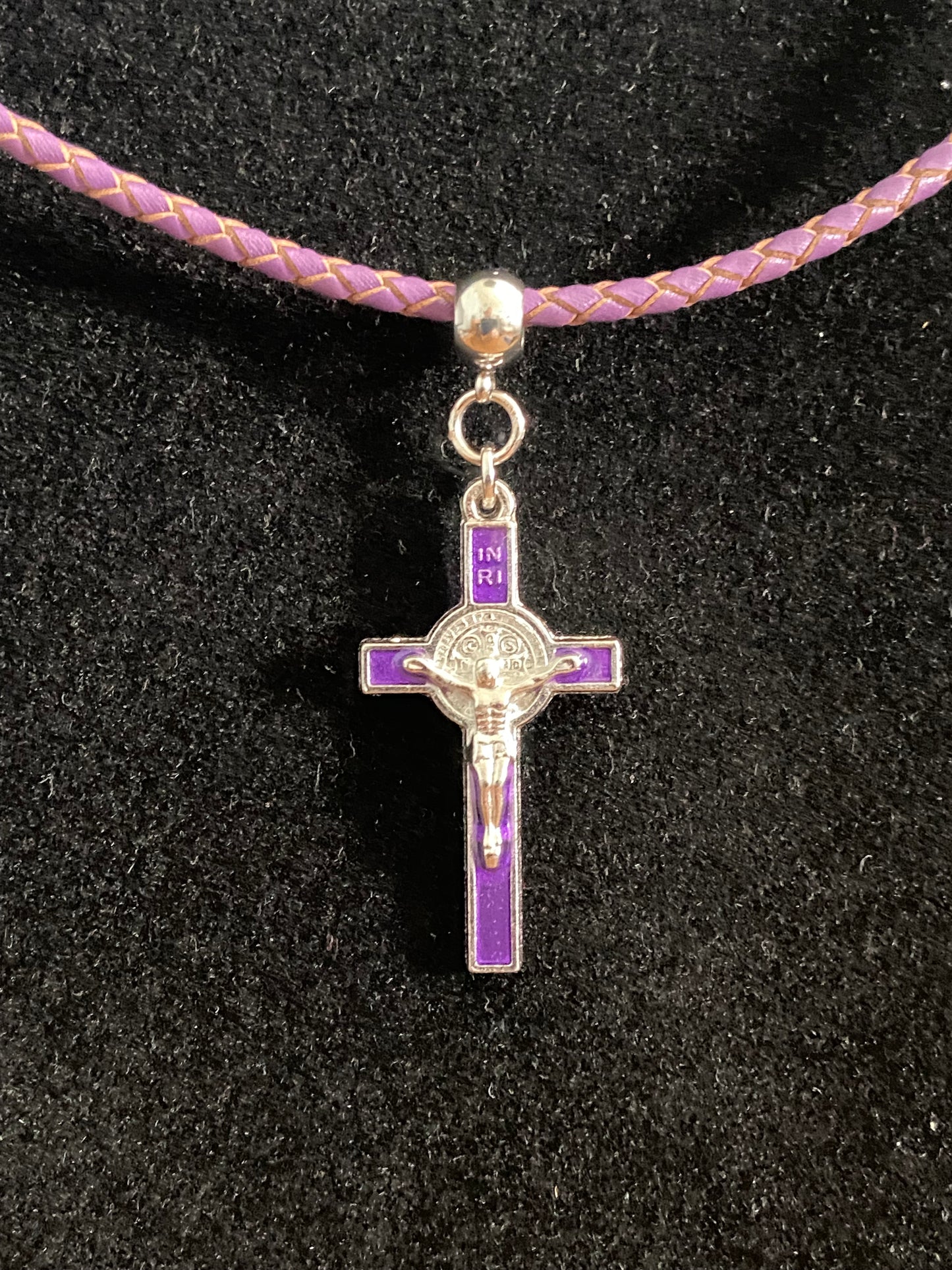 Purple Crucifix & Purple Leather Cord Necklace
