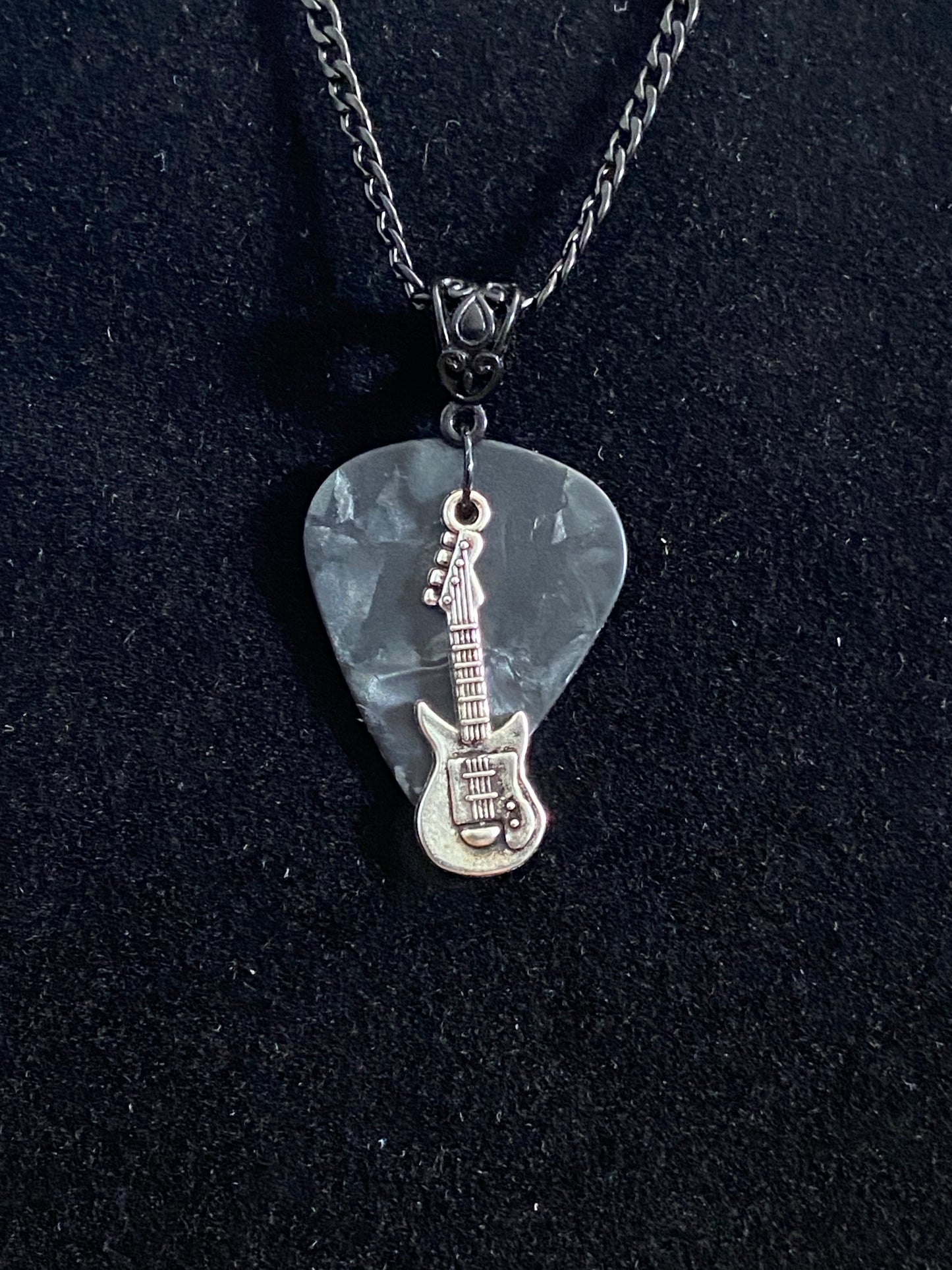 Black Guitar Pick with Silver Guitar Charm & Black Chain Necklace