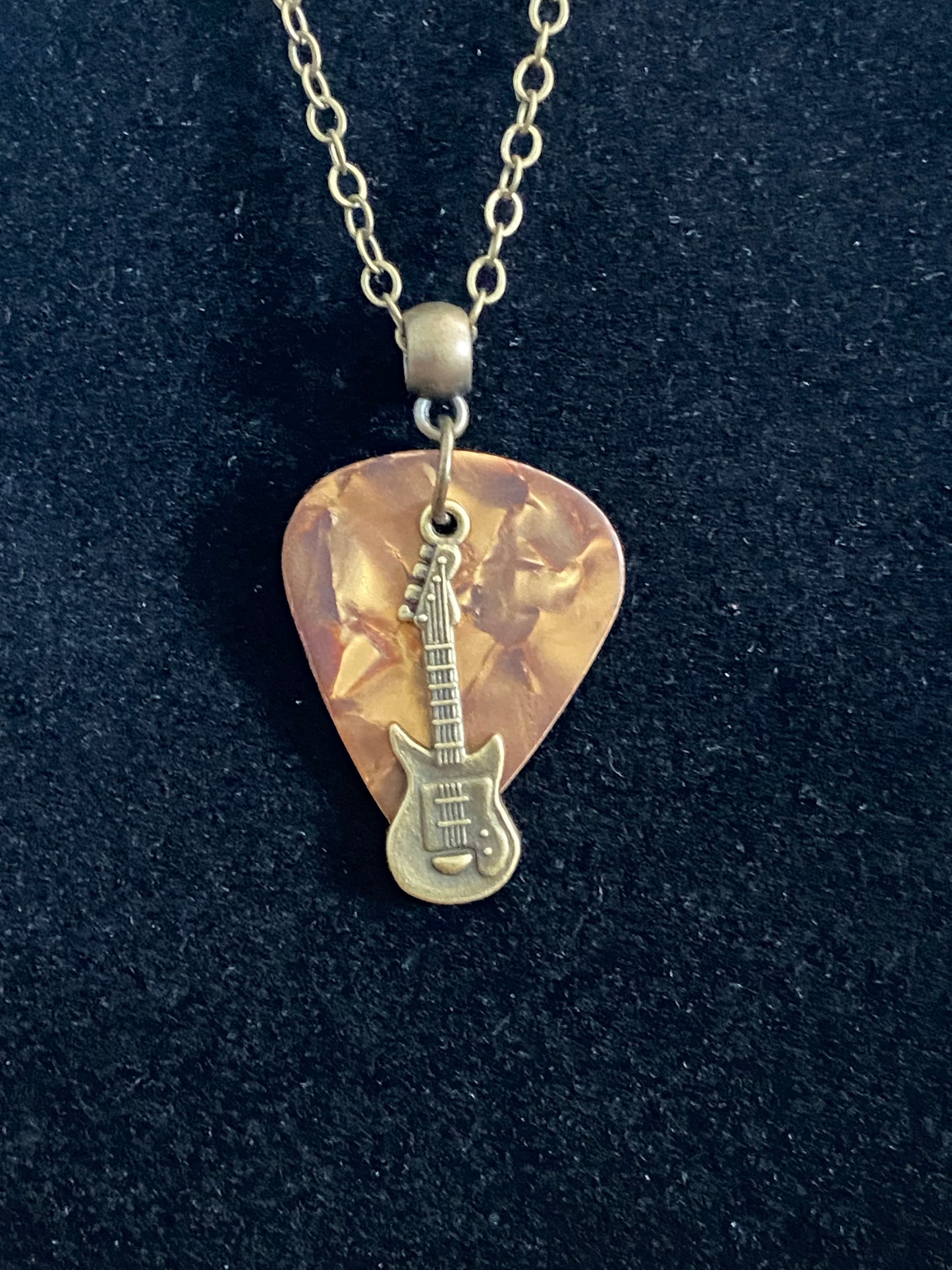 Gold Guitar Pick with Antique Bronze Guitar Charm & Antique Bronze Chain Necklace
