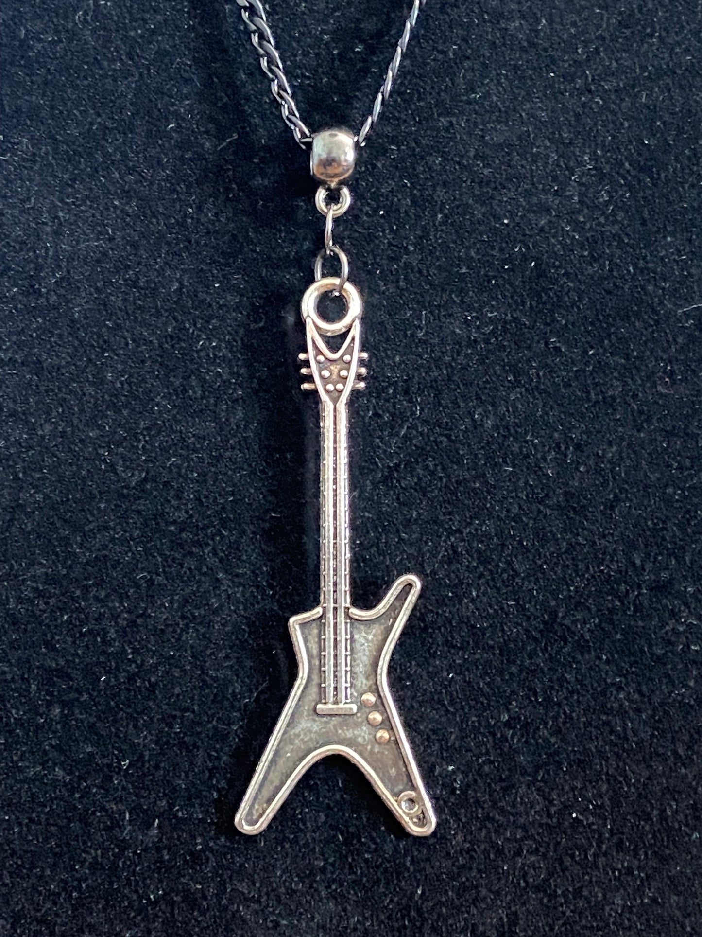 Silver Guitar Charm with Black Chain Necklace