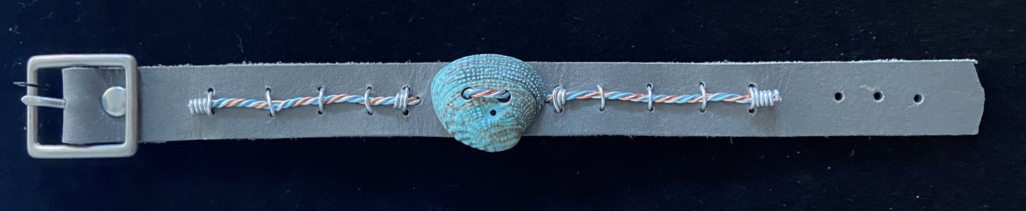 Gray Leather & Aqua Seashell Bracelet