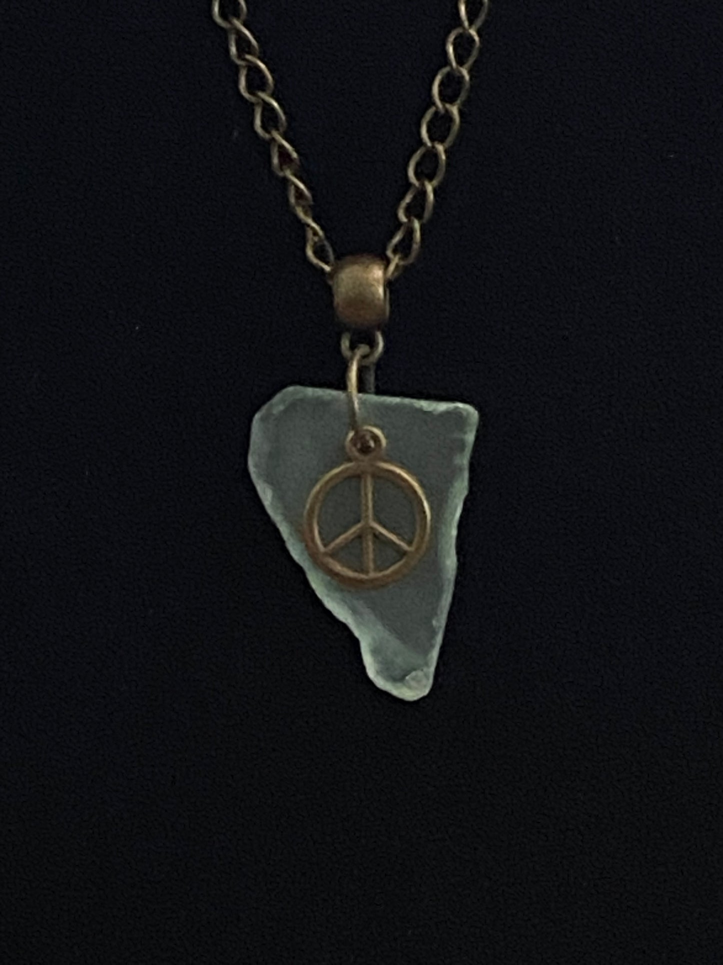Green Sea Glass with Peace Sign Charm & Antique Bronze Chain Necklace