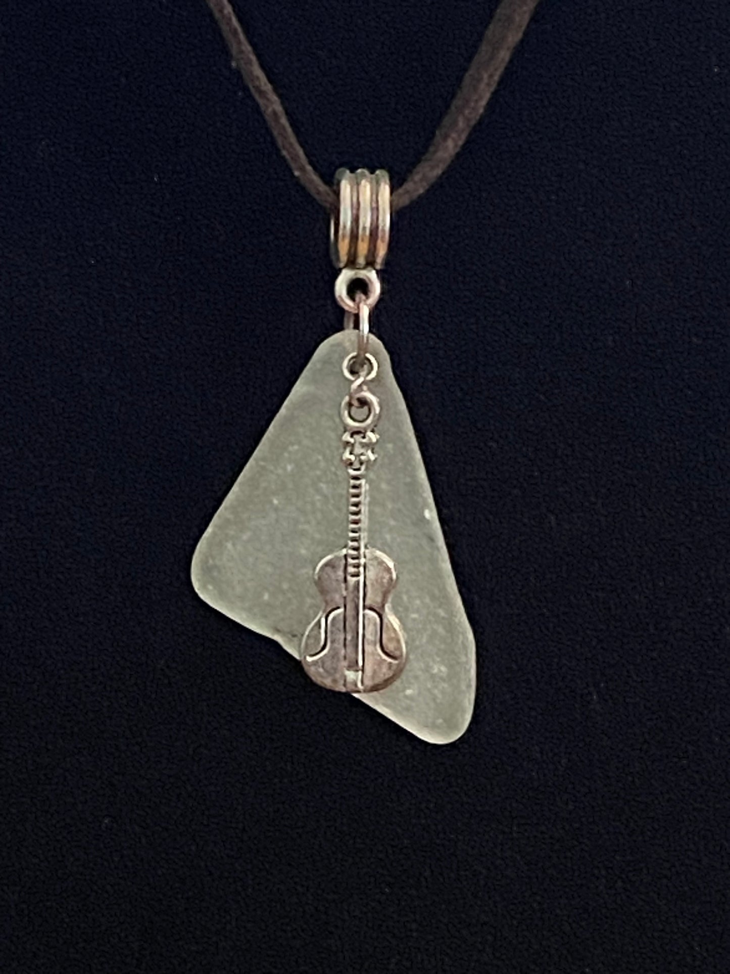 White Sea Glass with Guitar Charm & Black Leather Necklace