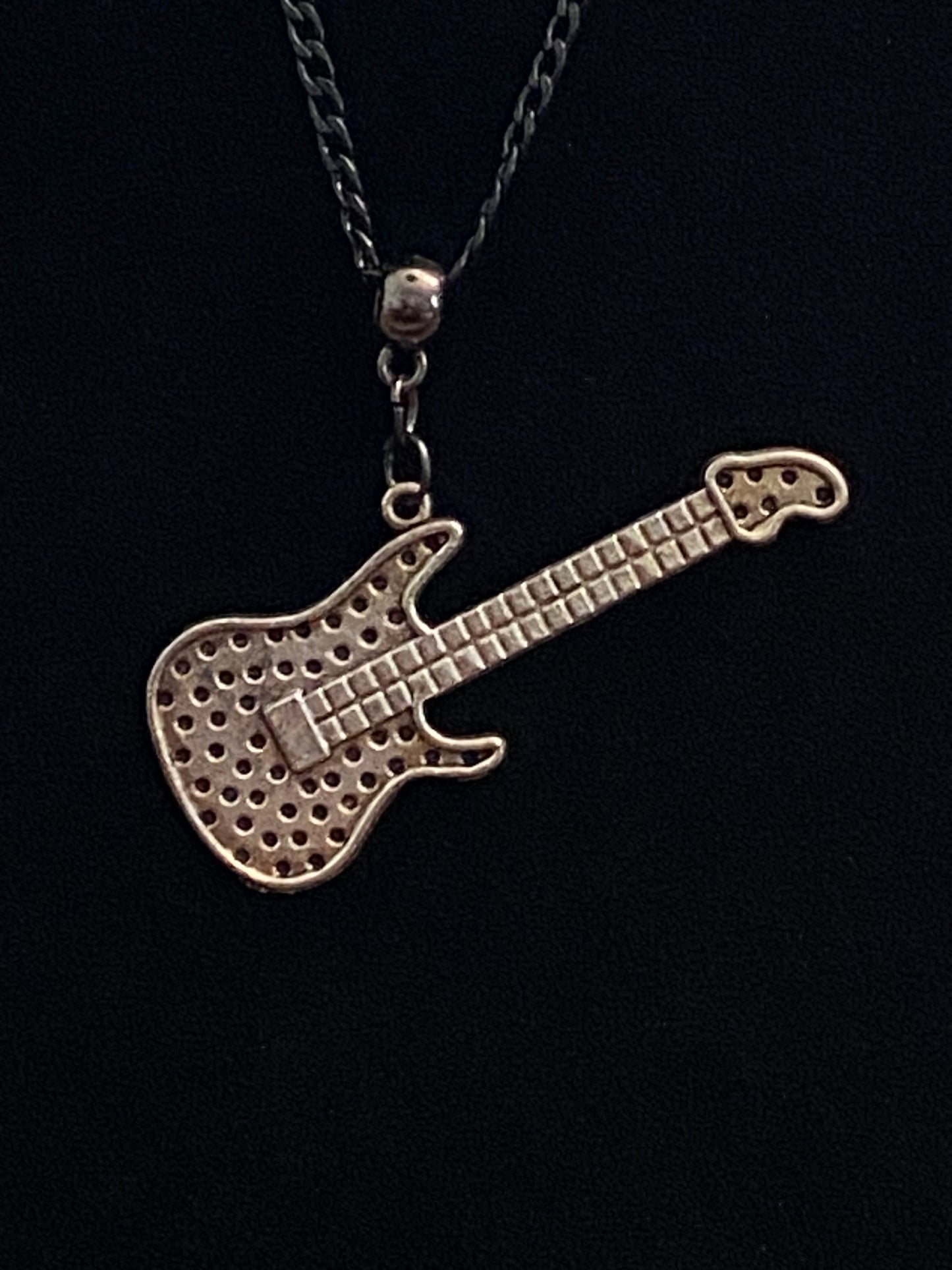 Silver & Black Guitar Charm with Black Chain Necklace