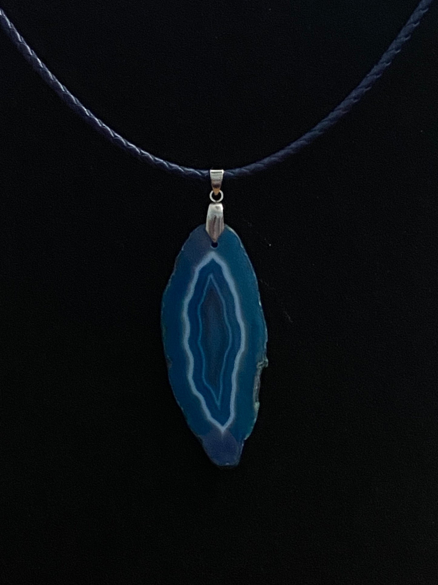 Sliced Blue Agate with Blue & Tan Leather Cord Necklace