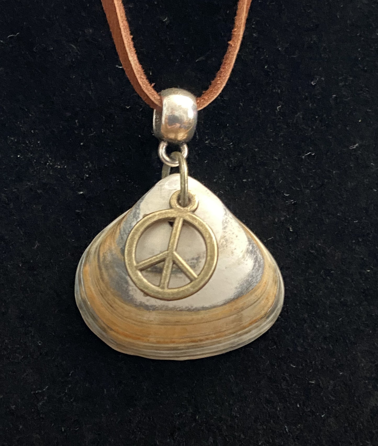 Tan, Brown and Gray Seashell with Brown Leather Cord Necklace