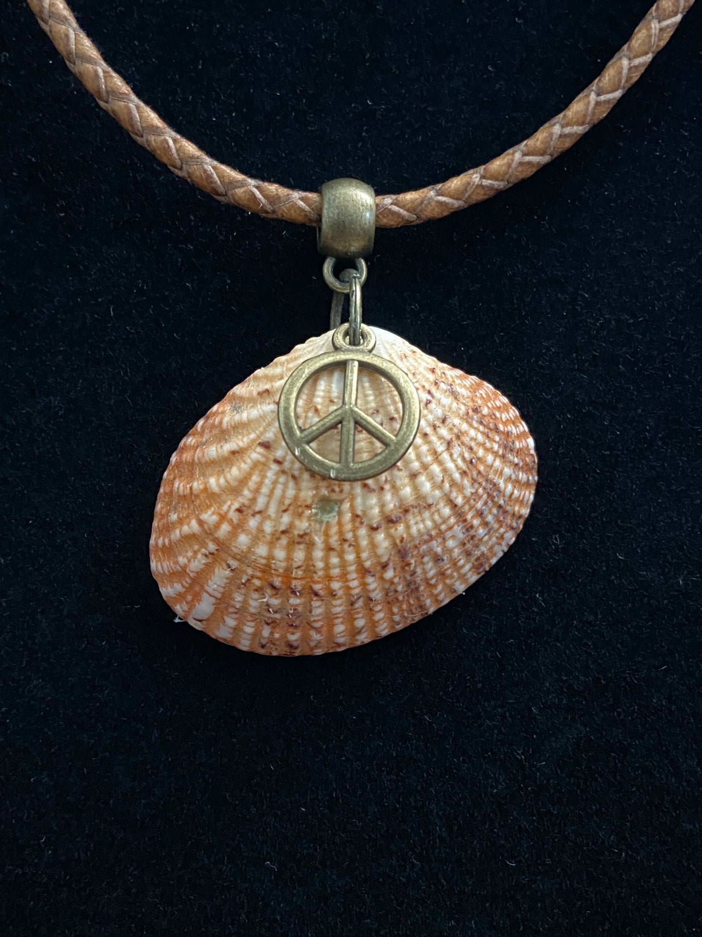 Tan, Brown and Orange Seashell with Tan & Brown Leather Cord Necklace and Peace Sign Charm
