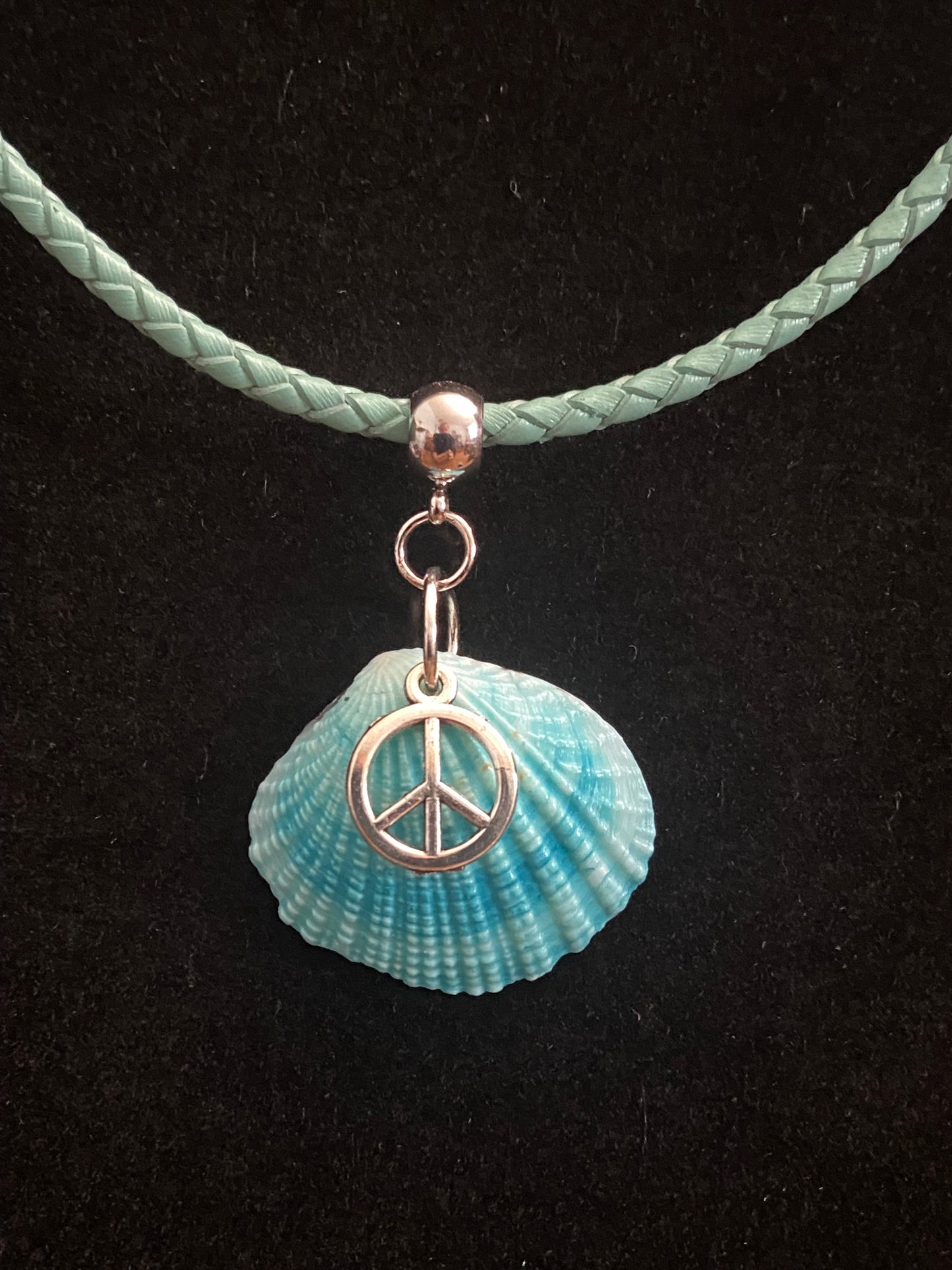Aqua Seashell & Aqua Leather Cord & Peace Sign Charm Necklace