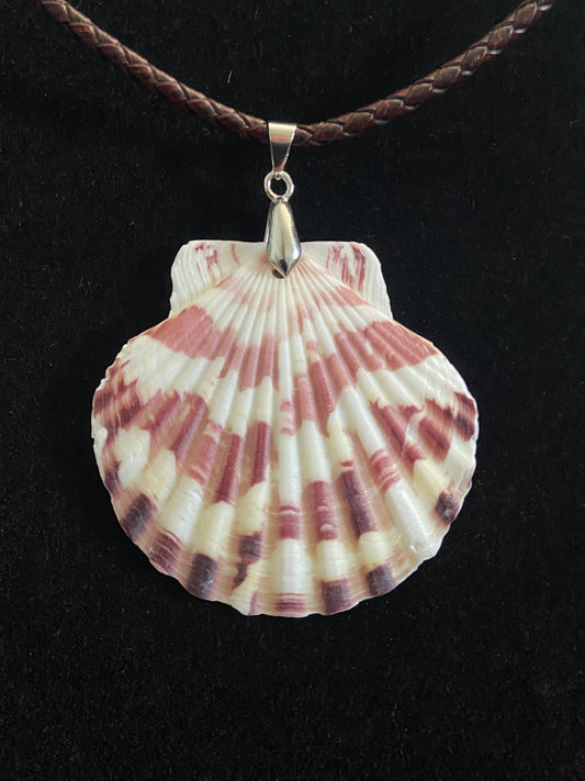 White & Maroon Seashell with Maroon Leather Cord Necklace