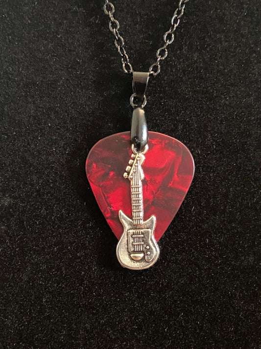 Red Guitar Pick with Silver Guitar Charm & Black Chain Necklace 2