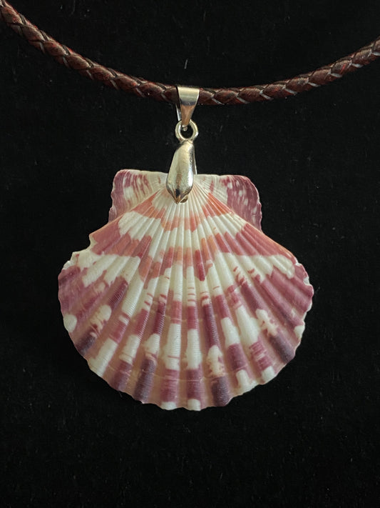 White & Maroon Seashell with Maroon Leather Cord Necklace