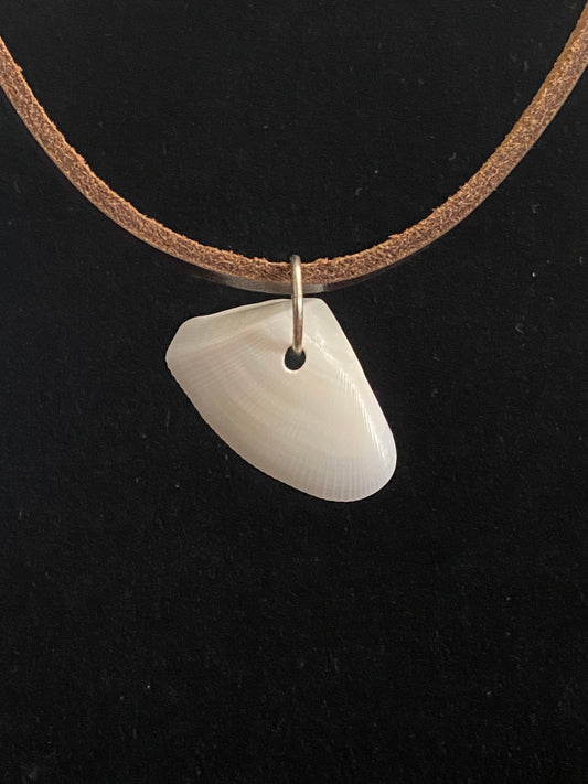 White Seashell with Brown Leather Cord Necklace