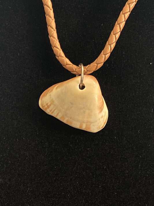 Tan, Red and Gray Seashell with Tan Leather Cord Necklace