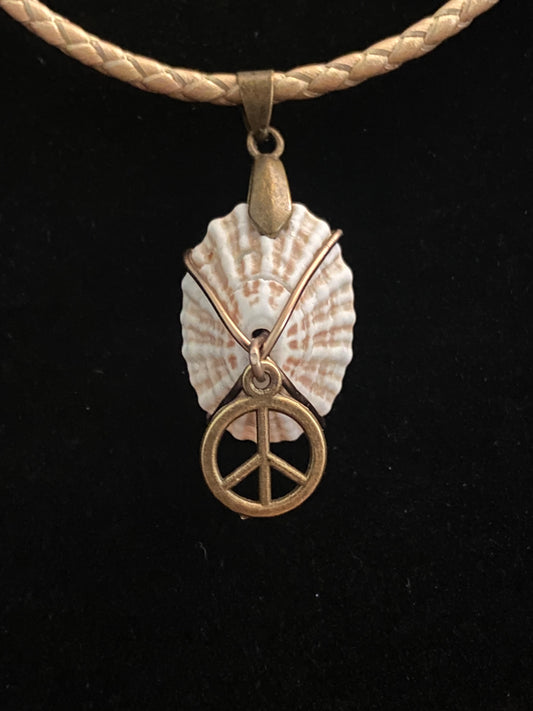 Tan, Brown and White Seashell with Tan & Brown Leather Cord Necklace and Peace Sign Charm 2