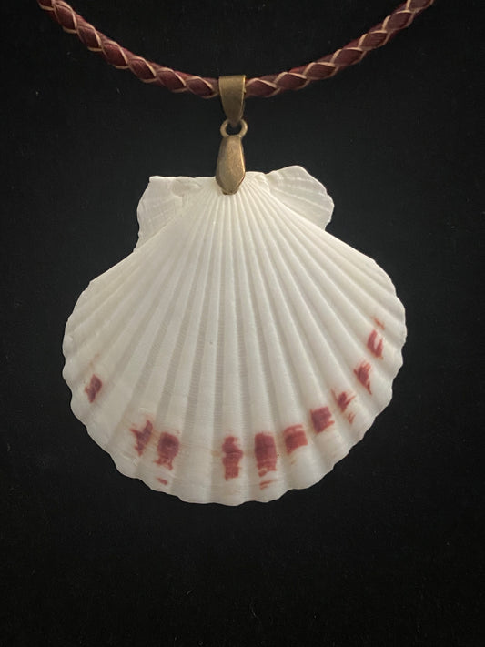 White, Maroon & Tan Seashell with Tan Leather Cord Necklace