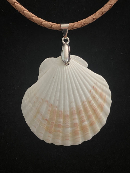 White, Maroon & Tan Seashell with Tan Leather Cord Necklace 2