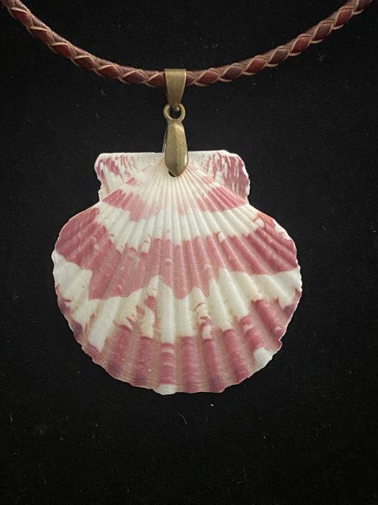 White & Maroon Seashell with Maroon and Tan Leather Cord Necklace 5