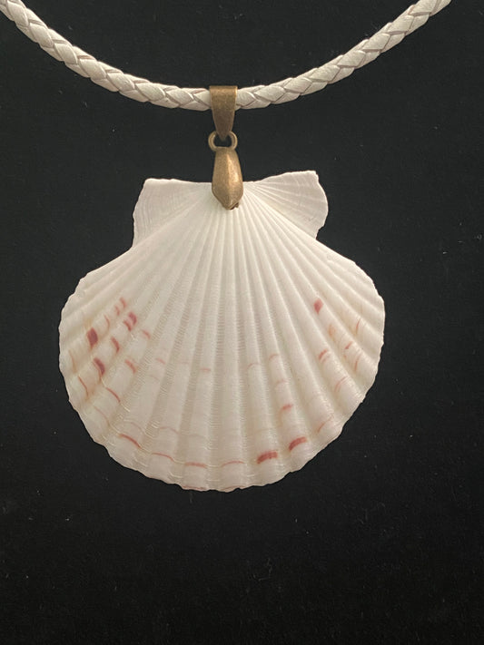 White & Maroon Seashell with White Leather Cord Necklace 2