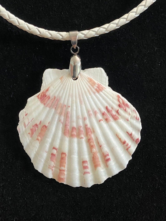 White & Maroon Seashell with White Leather Cord Necklace 4