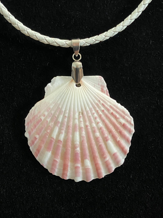 White & Maroon Seashell with White Leather Cord Necklace 3