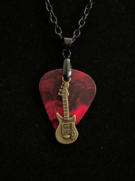 Red Guitar Pick with Gold Guitar Charm & Black Chain Necklace