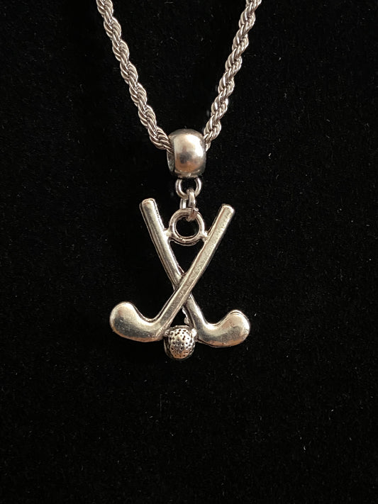 Silver Golf Club & Ball Charm & 16" Inch Chain Necklace