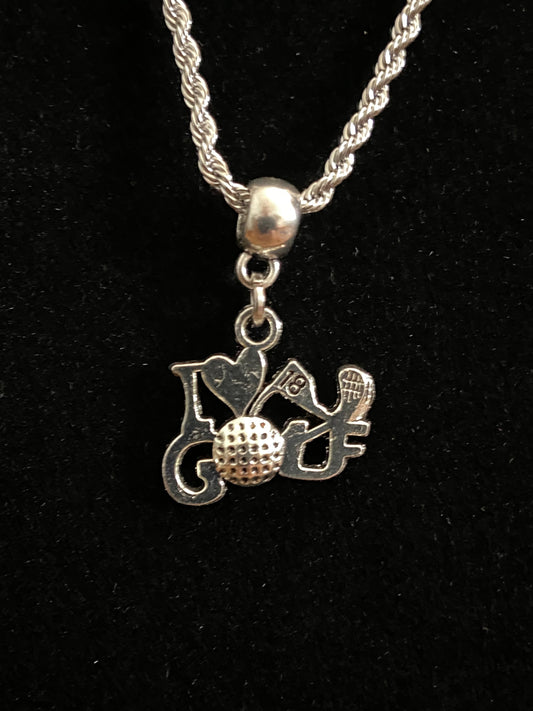 Silver I Love Golf Charm & 18" Inch Chain Necklace