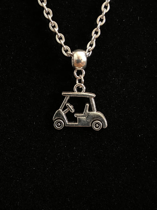 Silver Golf Cart Charm & 16" Inch Chain Necklace
