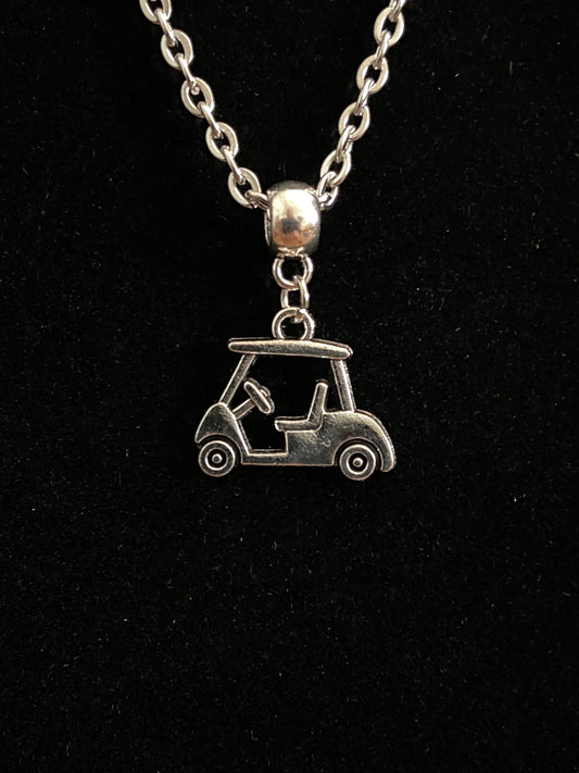 Silver Golf Cart Charm & 18" Inch Chain Necklace