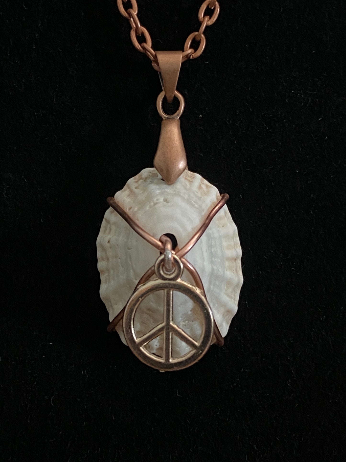Tan, Brown and White Seashell with Red Copper Chain Necklace and Peace Sign Charm