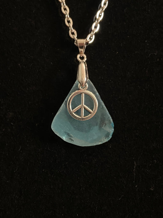 Blue Sea Glass with Peace Sign Charm & Silver Chain Necklace