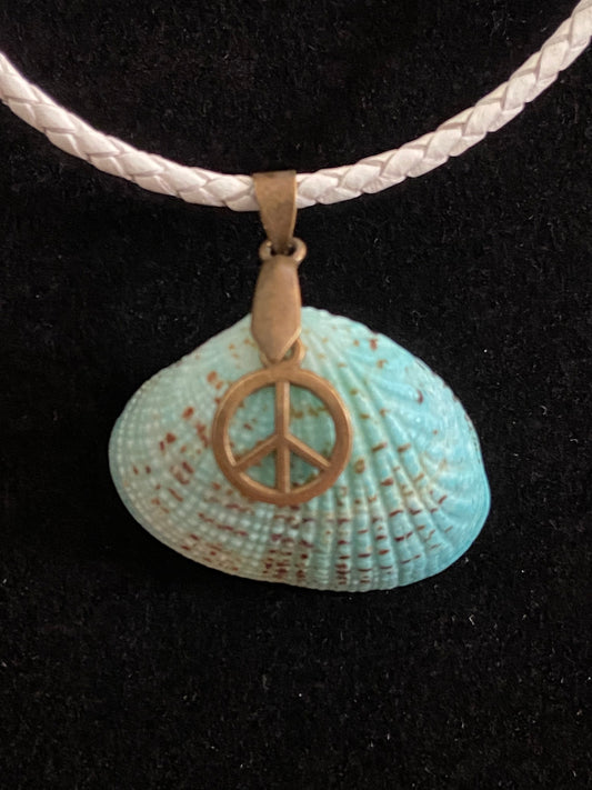 Aqua Seashell with Peace Charm & White Leather Cord Necklace 2