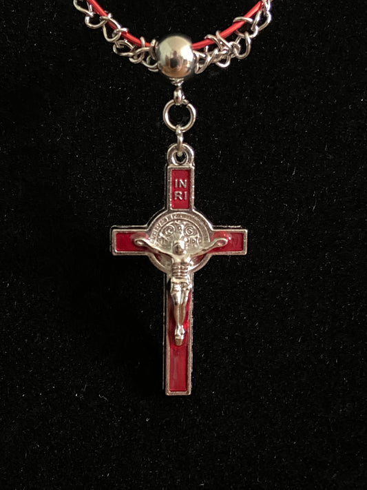 Red Crucifix with Red & Silver Chain Necklace