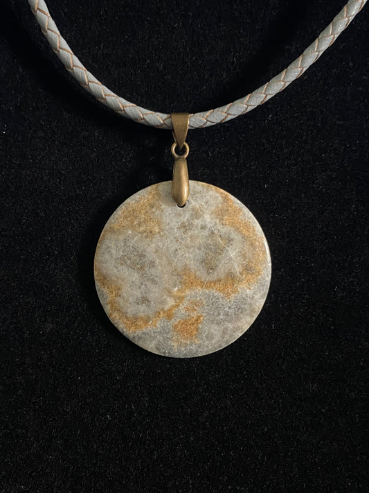 Gray and orange agate Cabochon with Gray Leather Cord Necklace