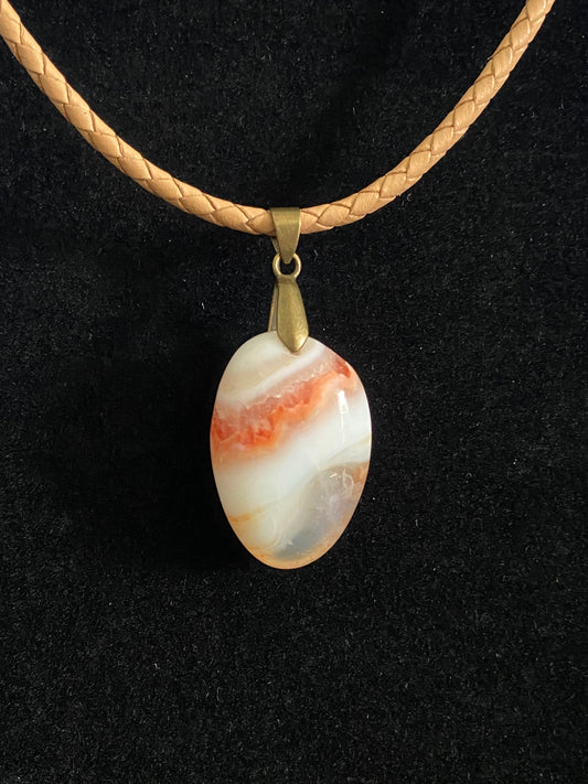 Orange, White and Tan Agate Cabochon with Tan Leather Cord Necklace