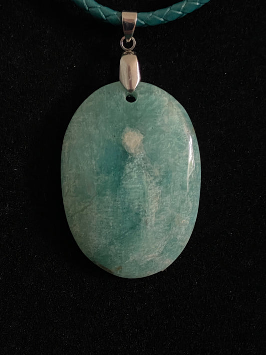 Aqua and White Quartzite with Green Leather Cord Necklace