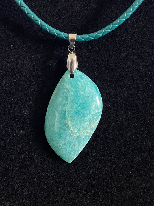 Aqua and White Quartzite with Green Leather Cord Necklace 2