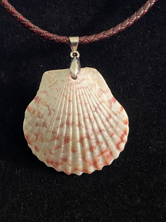 Gray and maroon Seashell with Maroon Leather Cord Necklace