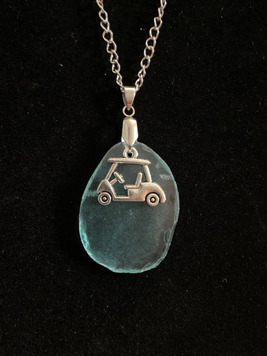 Blue Sea Glass with Golf Charm & Silver Chain Necklace