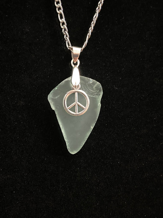 White Sea Glass with Peace Sign Charm & Silver Chain Necklace 1