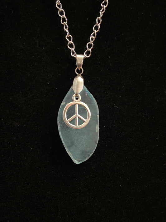 Blue Sea Glass with Peace Sign Charm & Silver Chain Necklace 4