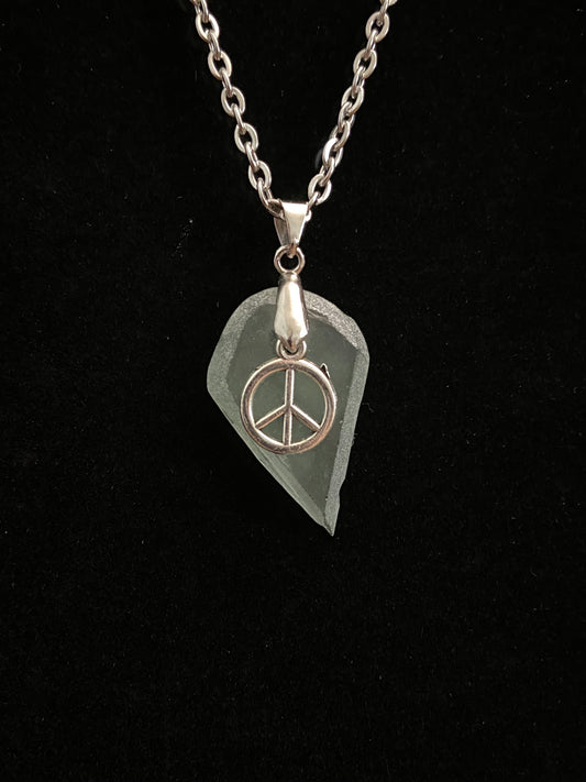 White Sea Glass with Peace Sign Charm & Silver Chain Necklace 2